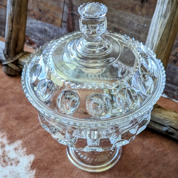 Antique Heavy Glass Compote Dish With Lid Kings Crown Nob - Picture 2 of 15